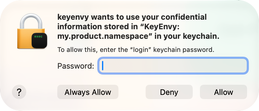 macOS Keychain dialog asking for the login Keychain password before KeyEnvy reads my.product.namespace.