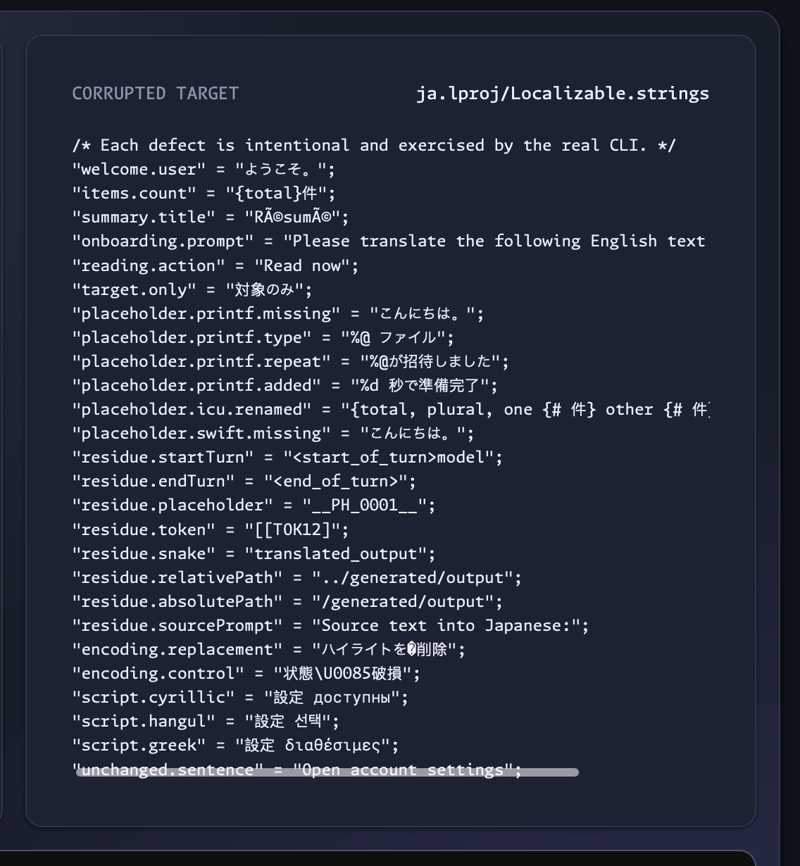 A deliberately corrupted Japanese Localizable.strings catalog containing placeholder damage, encoding errors, mixed scripts, and leaked prompt residue