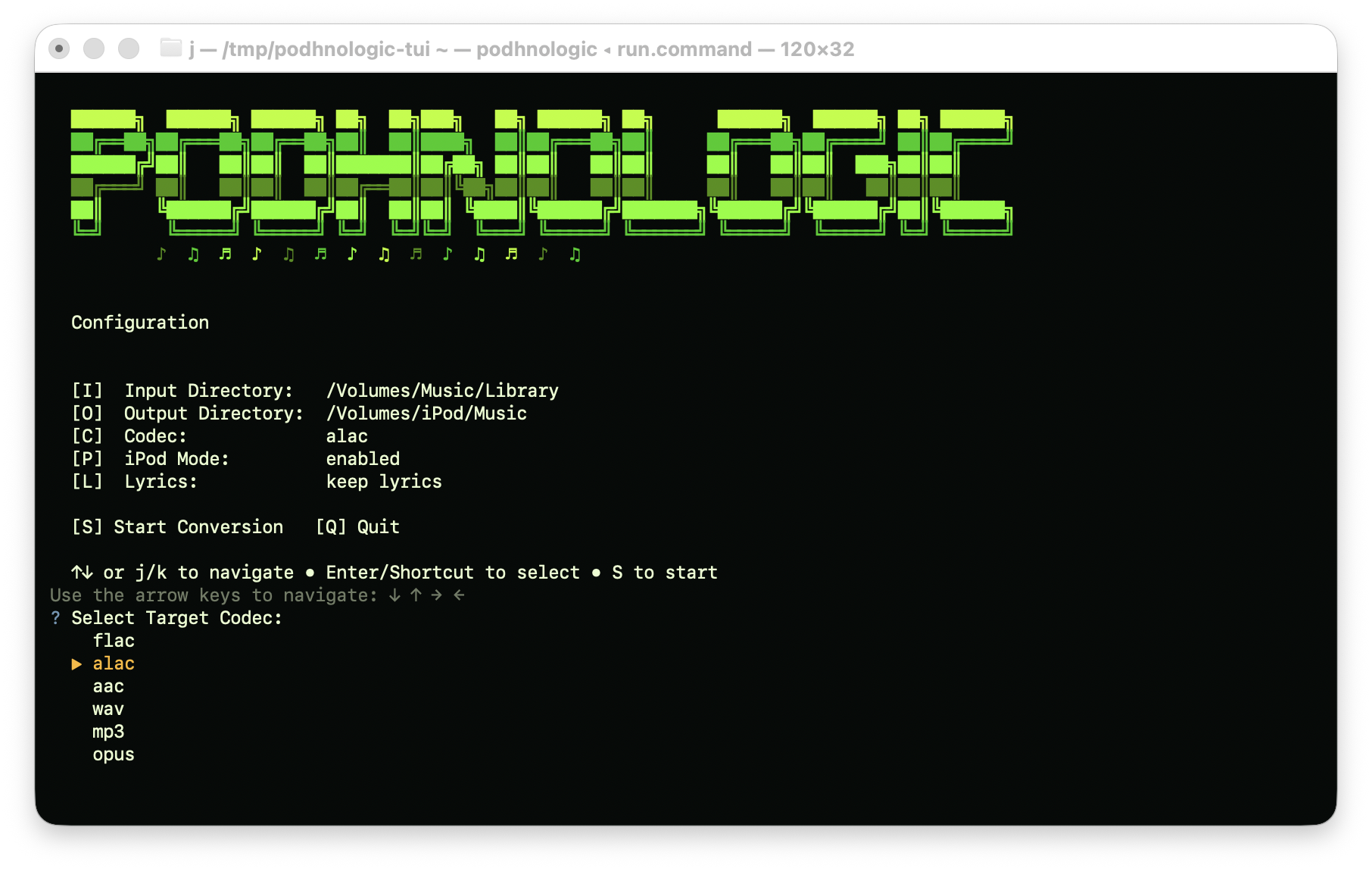 The actual podhnologic terminal interface with iPod mode enabled and the target codec menu open on ALAC
